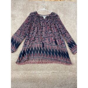 World Market Womens Paisley Tunic Top Navy Blue Red Sheer Tassel Boho S M Hippie